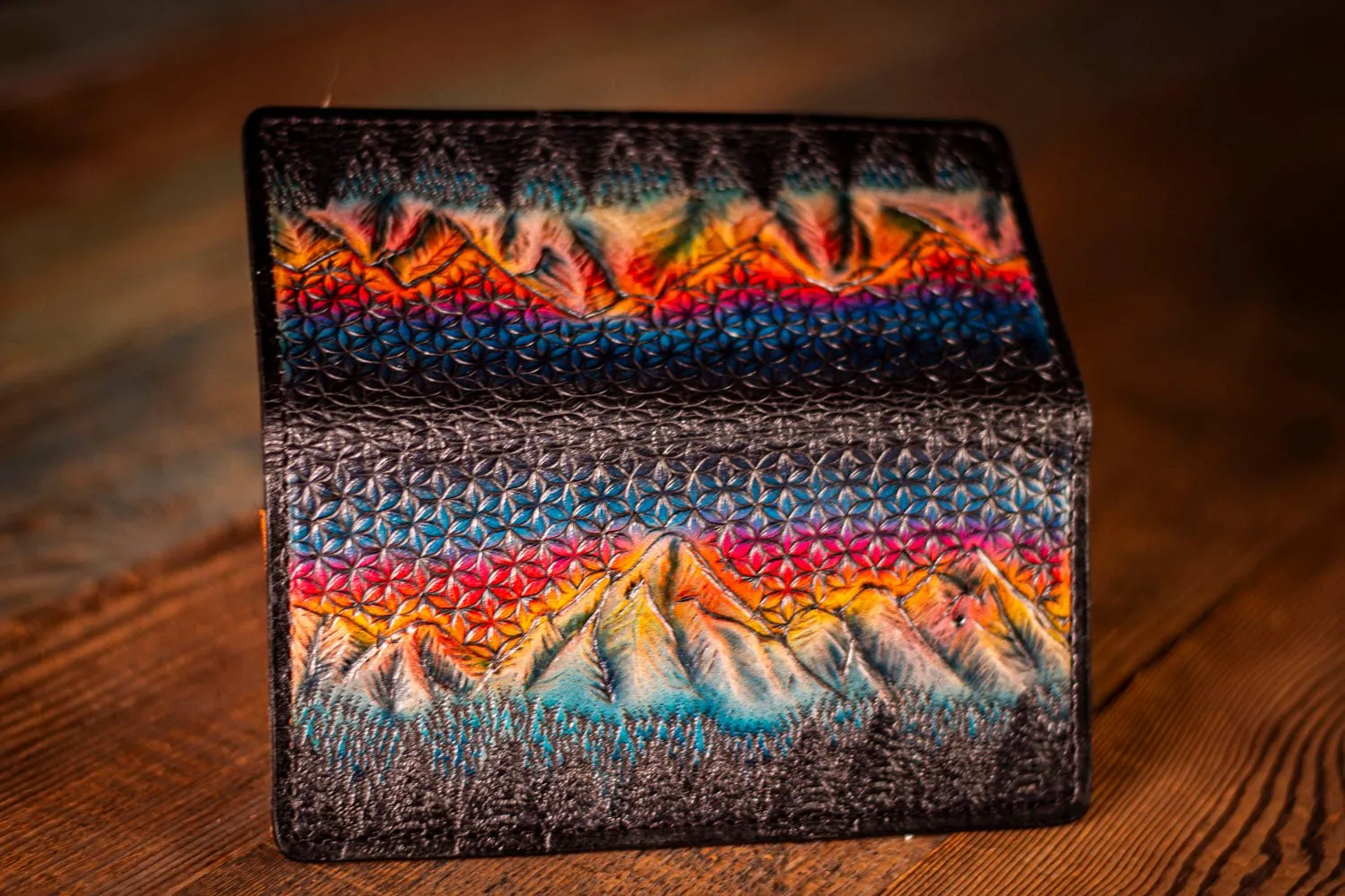 Handcrafted Long Leather Wallet - Freehand Carved Mountain Scene with Flower of Life Sunset