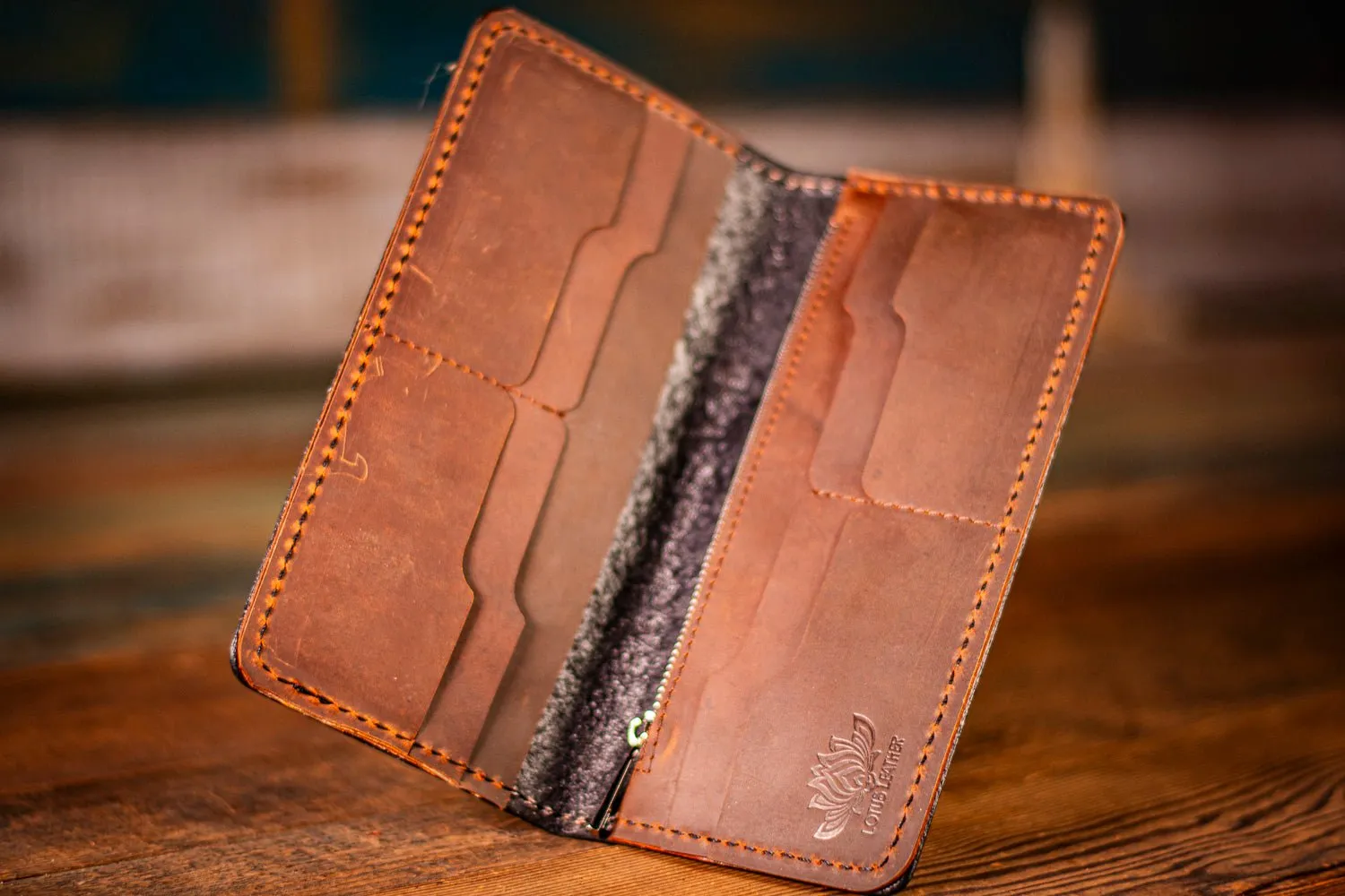 Handcrafted Long Leather Wallet - Freehand Carved Mountain Scene with Flower of Life Sunset