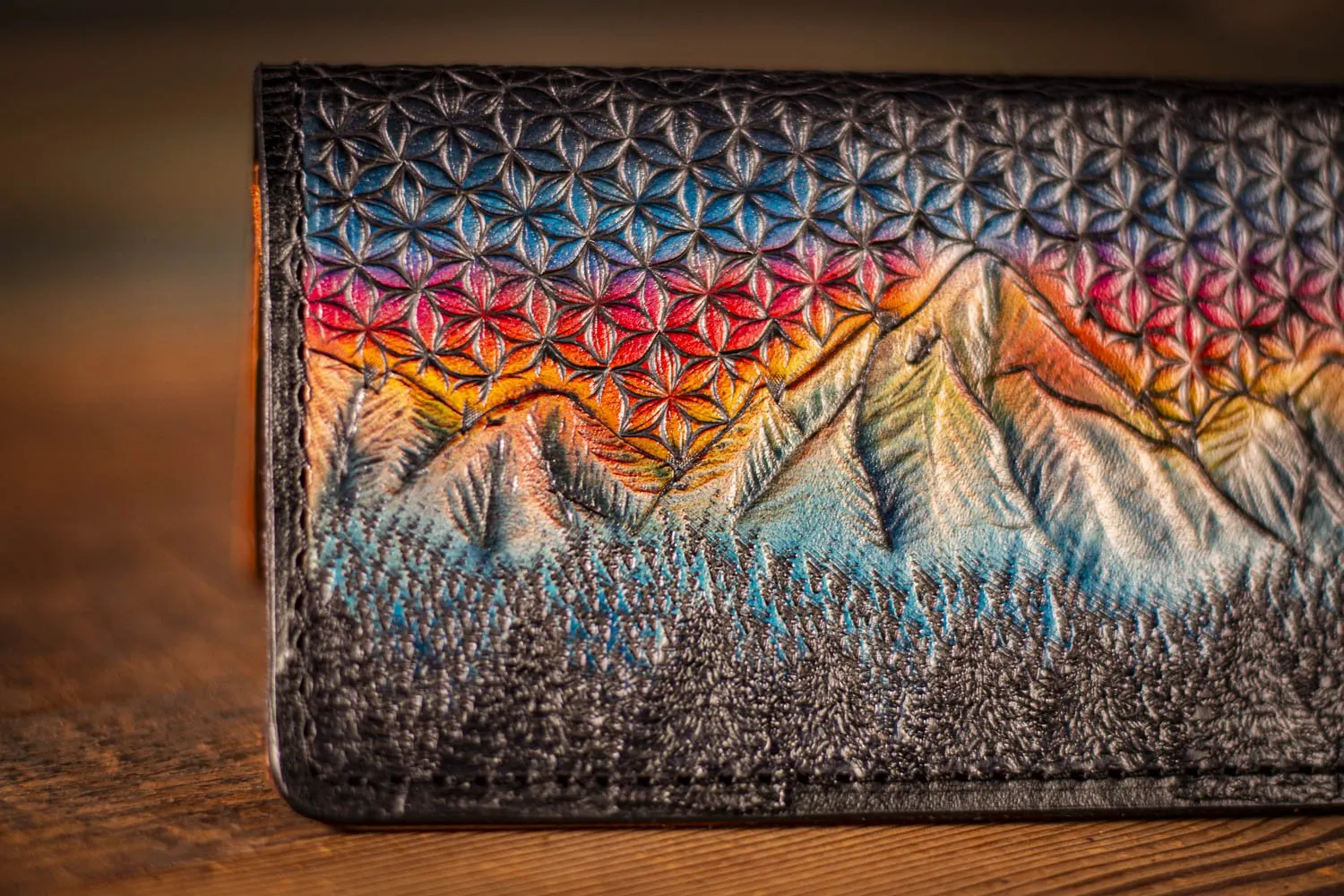 Handcrafted Long Leather Wallet - Freehand Carved Mountain Scene with Flower of Life Sunset