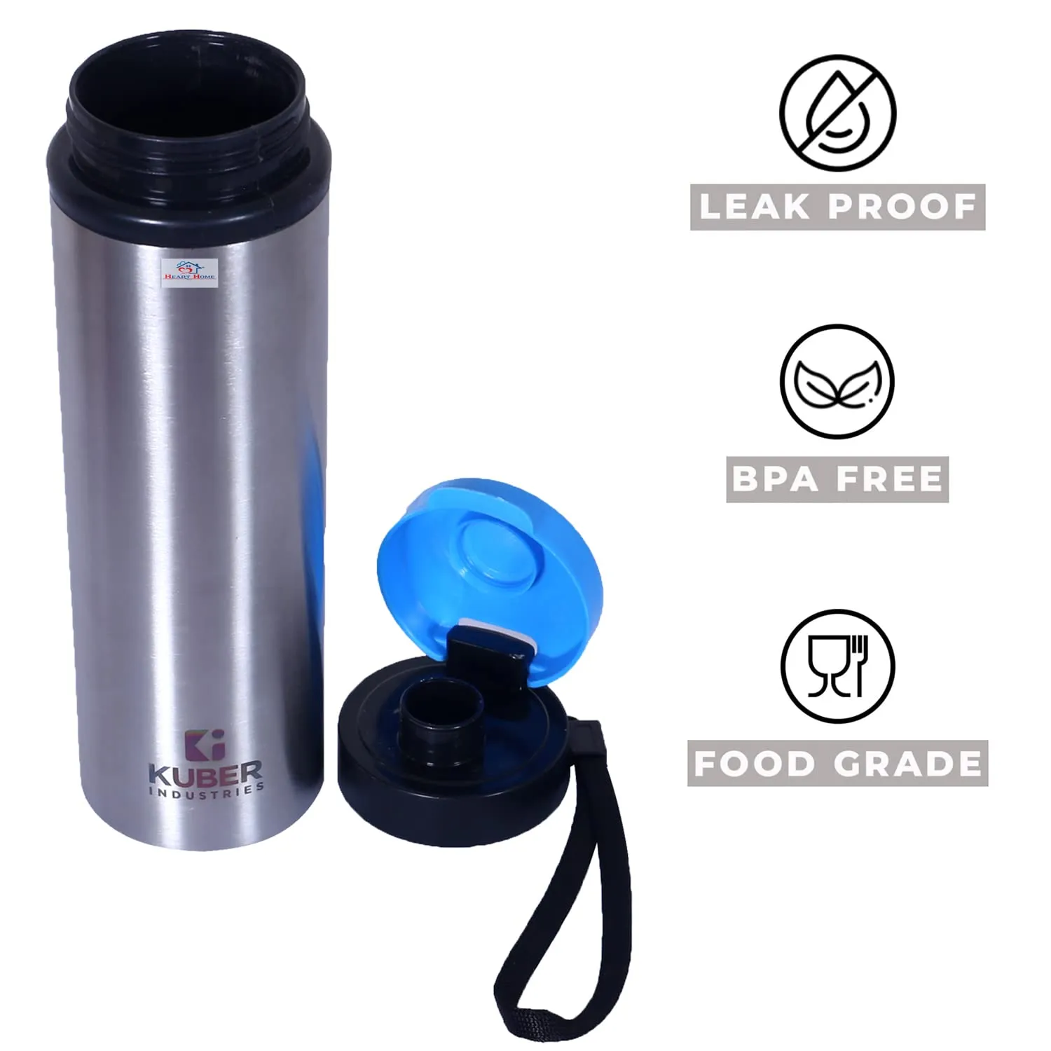Heart Home Stainless Steel Water Bottle |Refrigerator Bottle For School Kids With Sipper Cap & Handle 750 ML Pack of 2 (Silver)