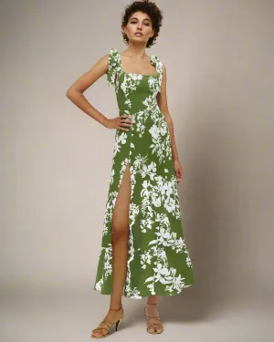 Jasmine Long Floral Summer Dress with Square Neckline and Tie Straps