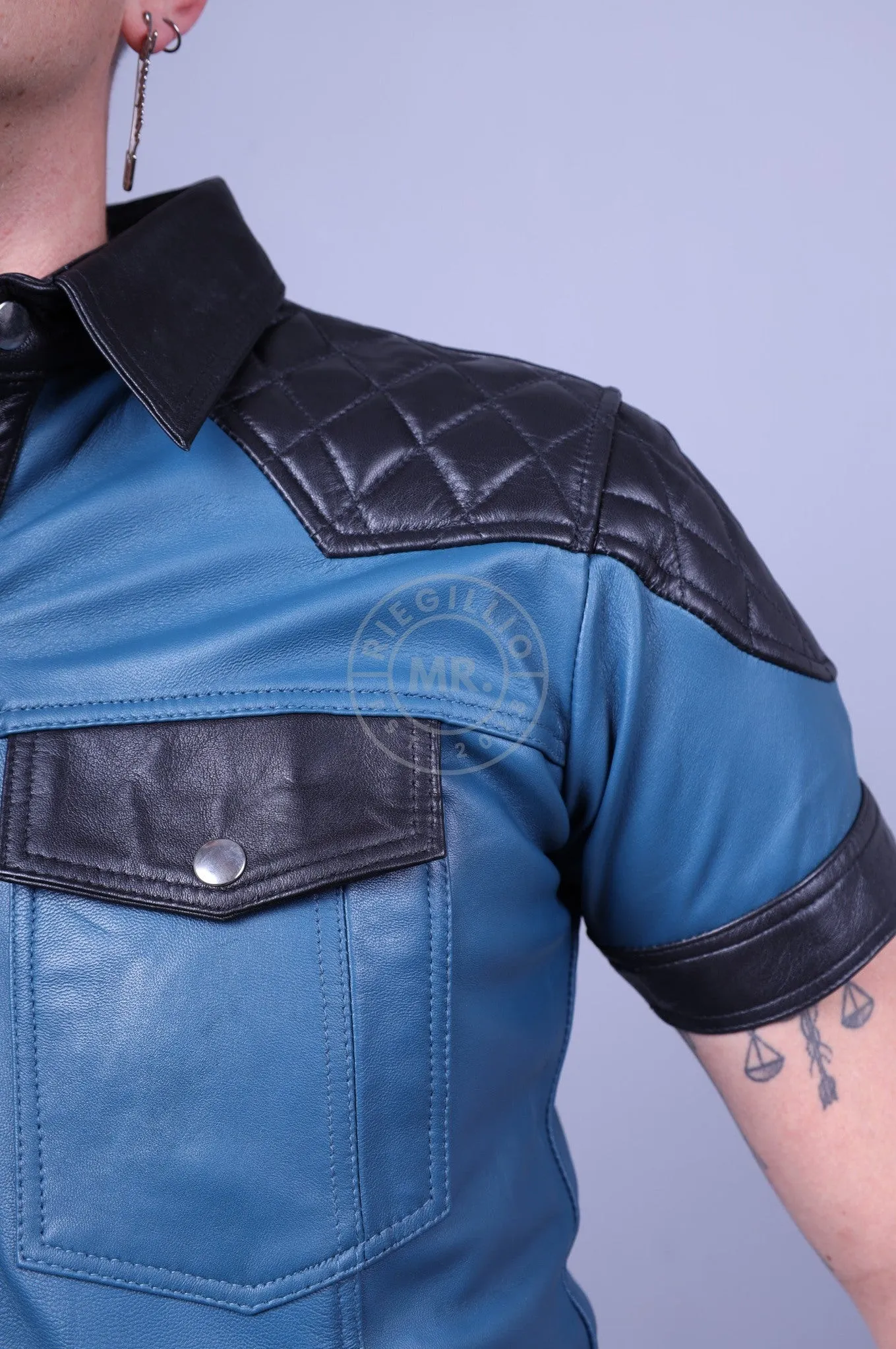Jeans Blue Leather Shirt with Black Padding