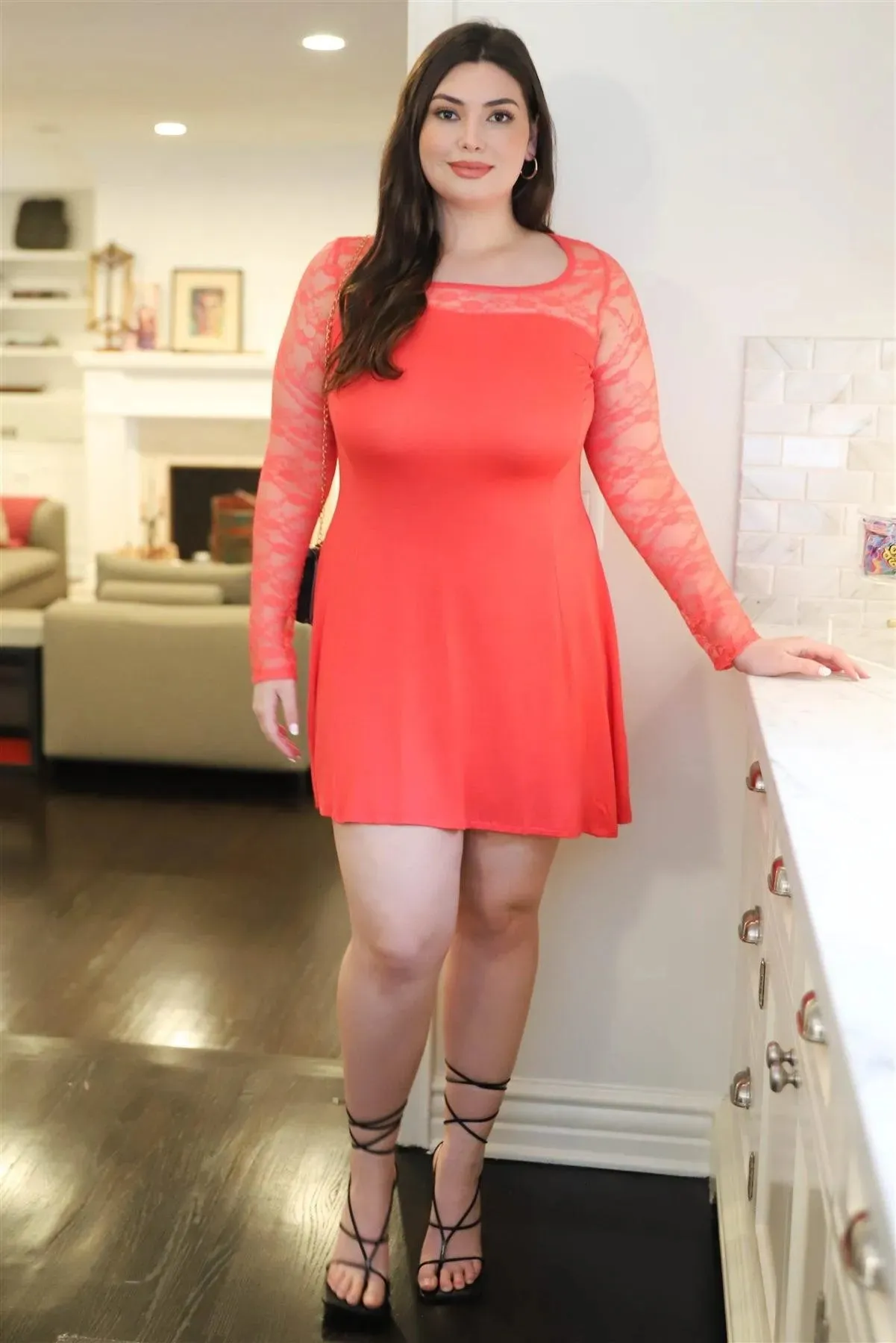 Junior Plus Dark Orange Lace Detail Long Sleeve Mini Dress /2-2-2