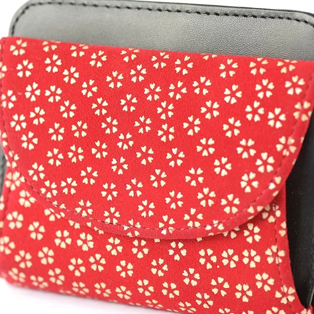 Koshu Inden Japanese Deerskin Leather with Urushi (Japanese Lacquer) Fold Wallet - Cherry Blossom / Red - ,  Made in Japan,  Japanese Leather Wallet