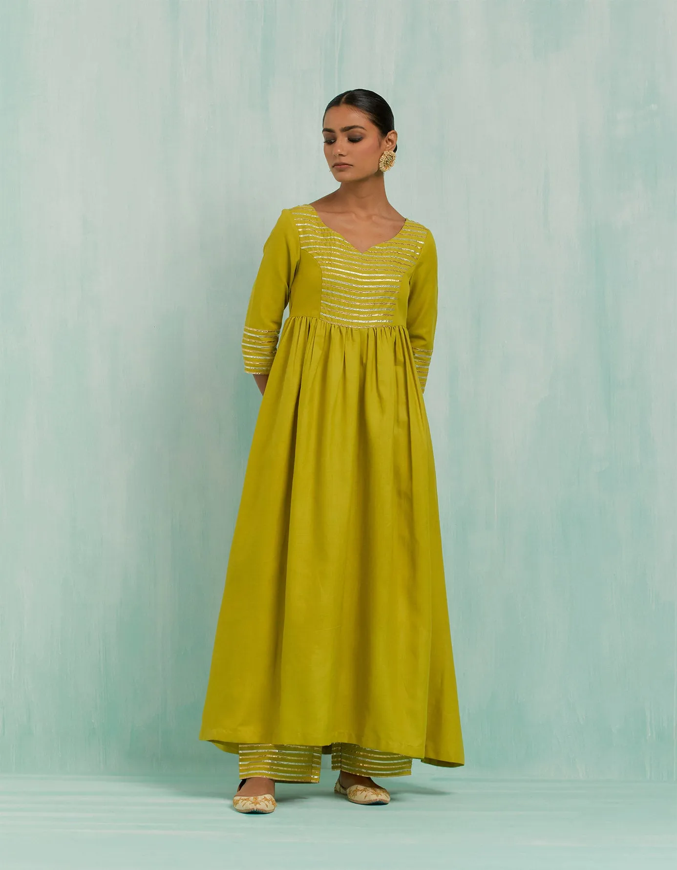 Lemon Green Naaz Anarkali Kurta And Palazzo With Gold Silver Gota Details (Set Of 2)