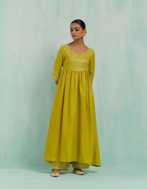 Lemon Green Naaz Anarkali Kurta And Palazzo With Gold Silver Gota Details (Set Of 2)