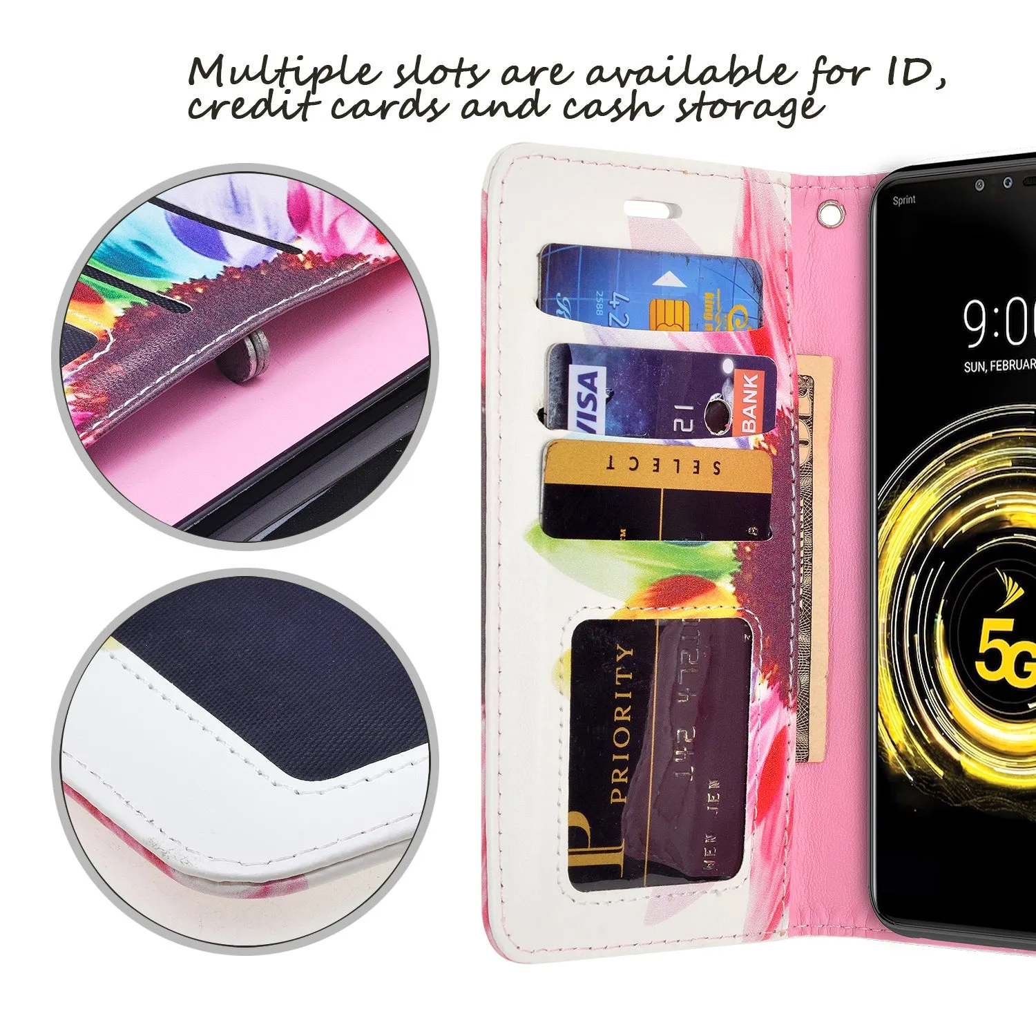 LG G8 ThinQ Case, LM-G820 Wallet Case, Wrist Strap Pu Leather Wallet Case [Kickstand] with ID & Credit Card Slots - Vivid Sunflower