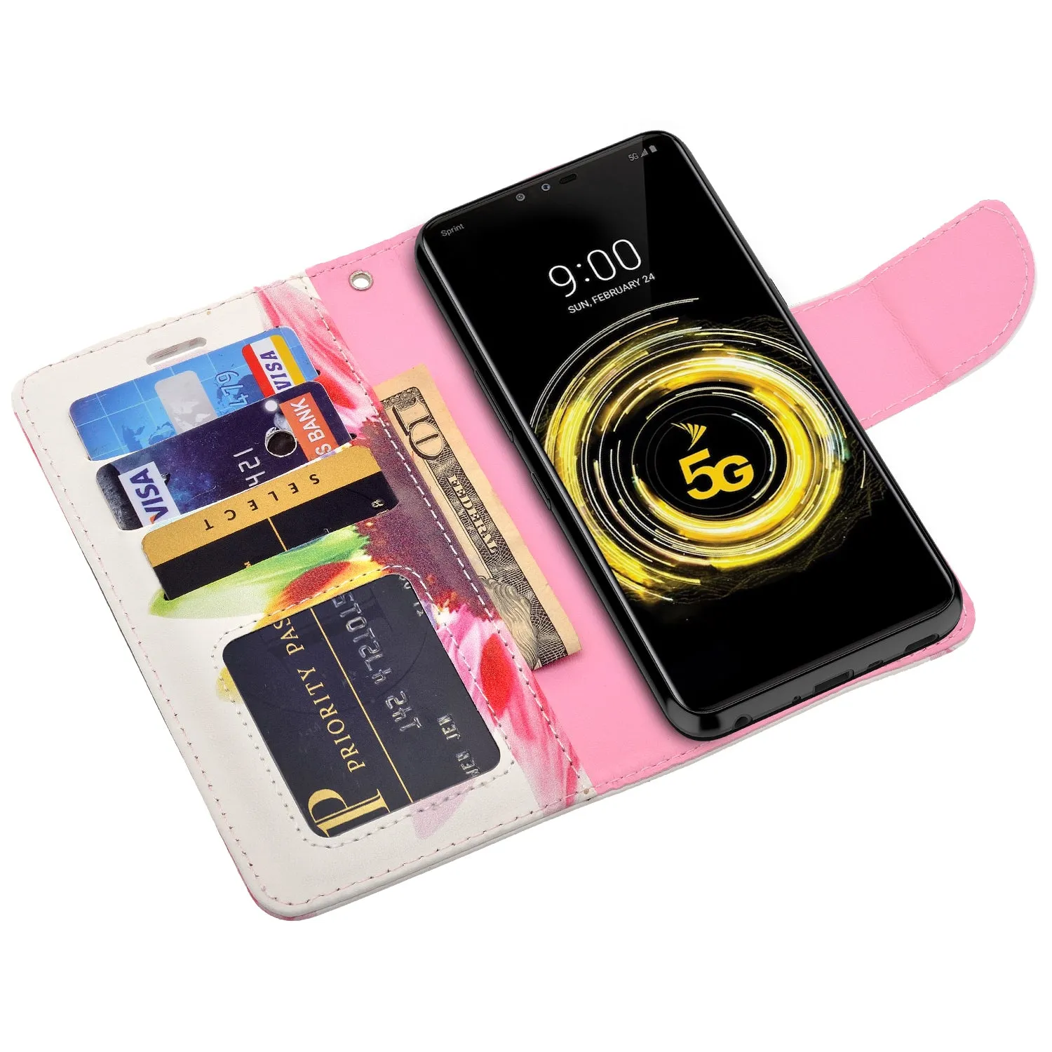 LG G8 ThinQ Case, LM-G820 Wallet Case, Wrist Strap Pu Leather Wallet Case [Kickstand] with ID & Credit Card Slots - Vivid Sunflower