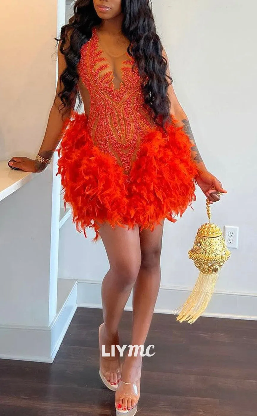 LY307 - Scoop Appliques Beaded Feathered Short Homecoming Dress for Black Girls