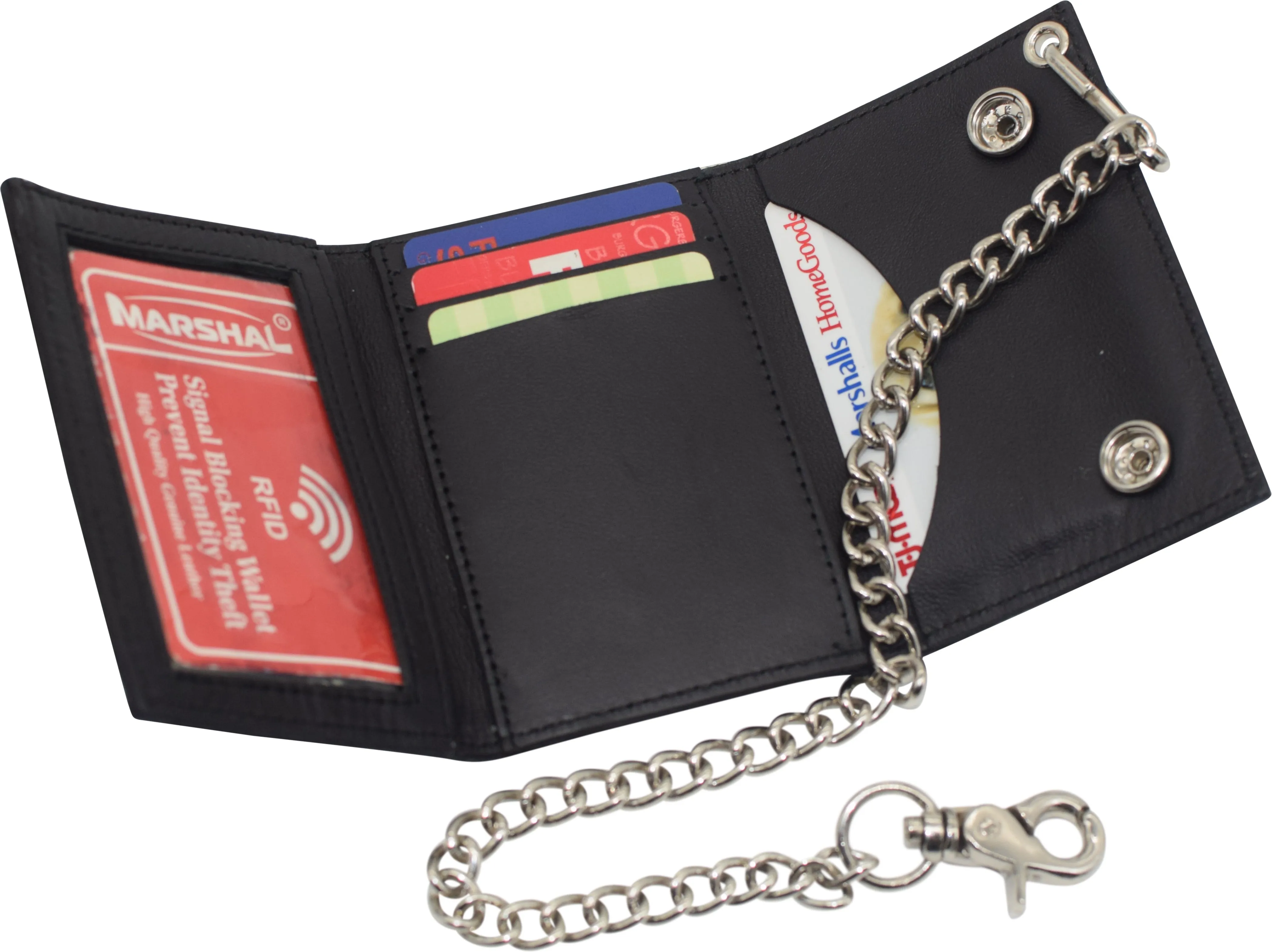 Marijuana Leaf Men's Tri-fold Biker Cowhide Leather RFID Blocking Steel Chain Wallet Snap closure