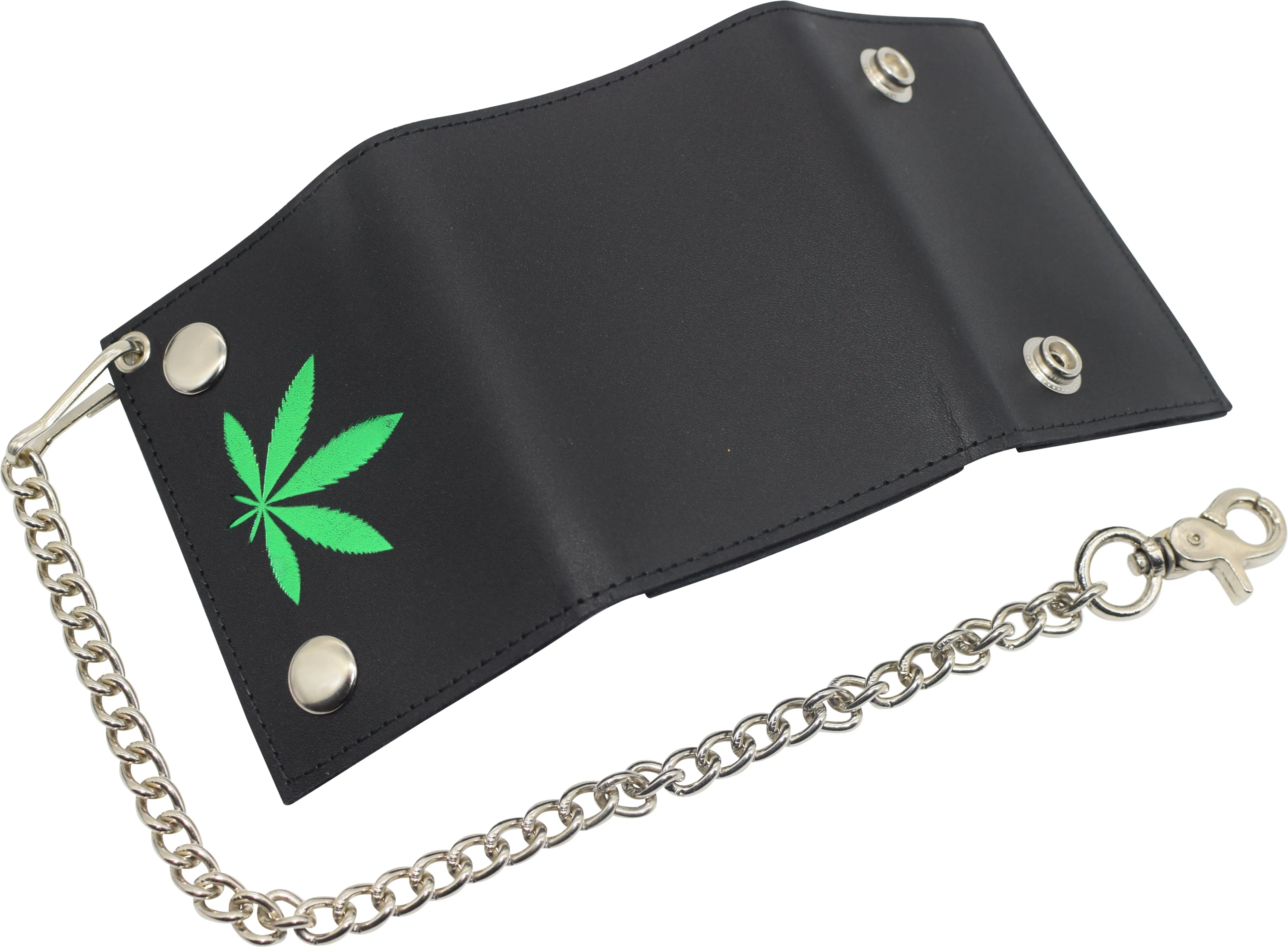 Marijuana Leaf Men's Tri-fold Biker Cowhide Leather RFID Blocking Steel Chain Wallet Snap closure