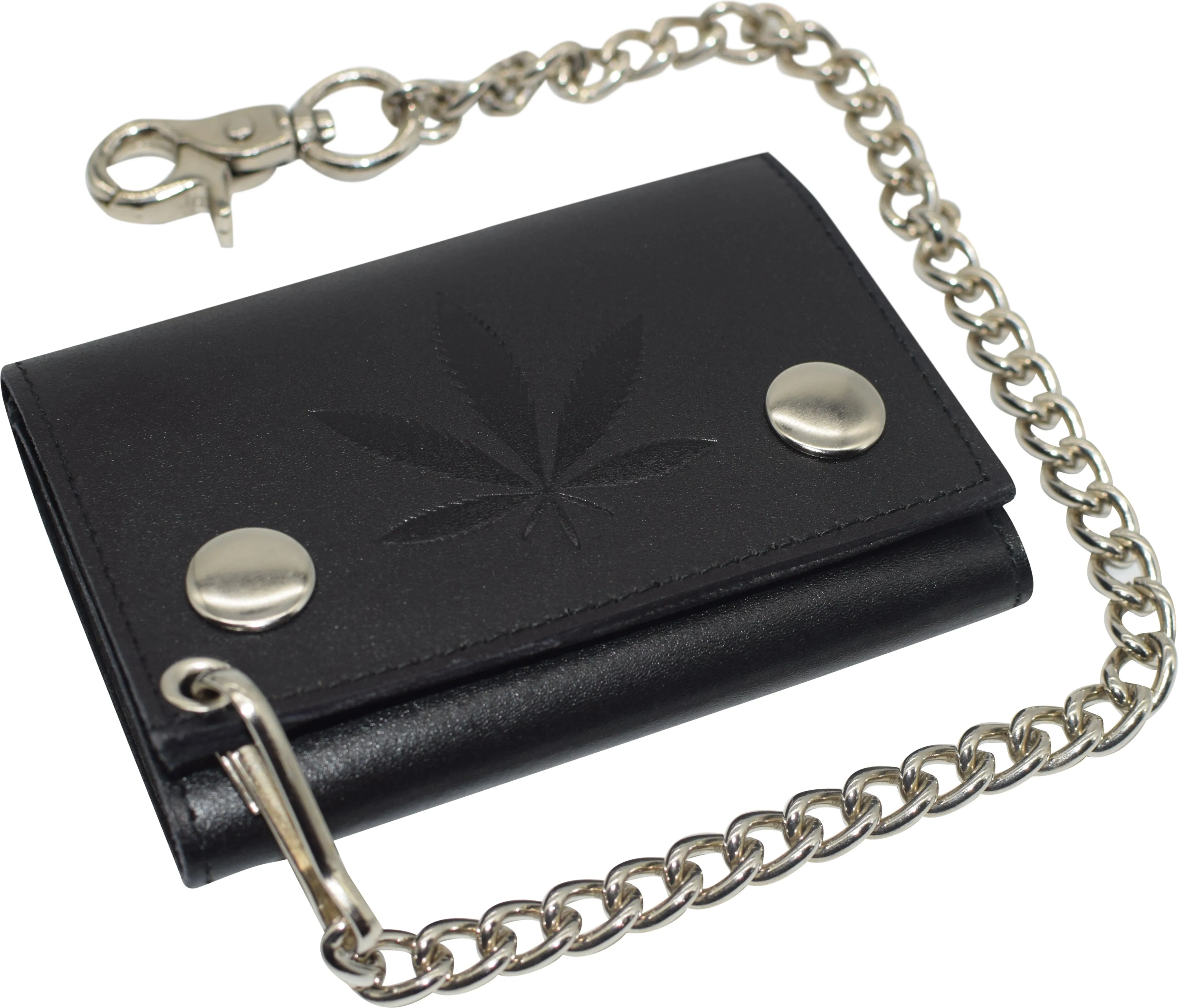 Marijuana Leaf Men's Tri-fold Biker Cowhide Leather RFID Blocking Steel Chain Wallet Snap closure