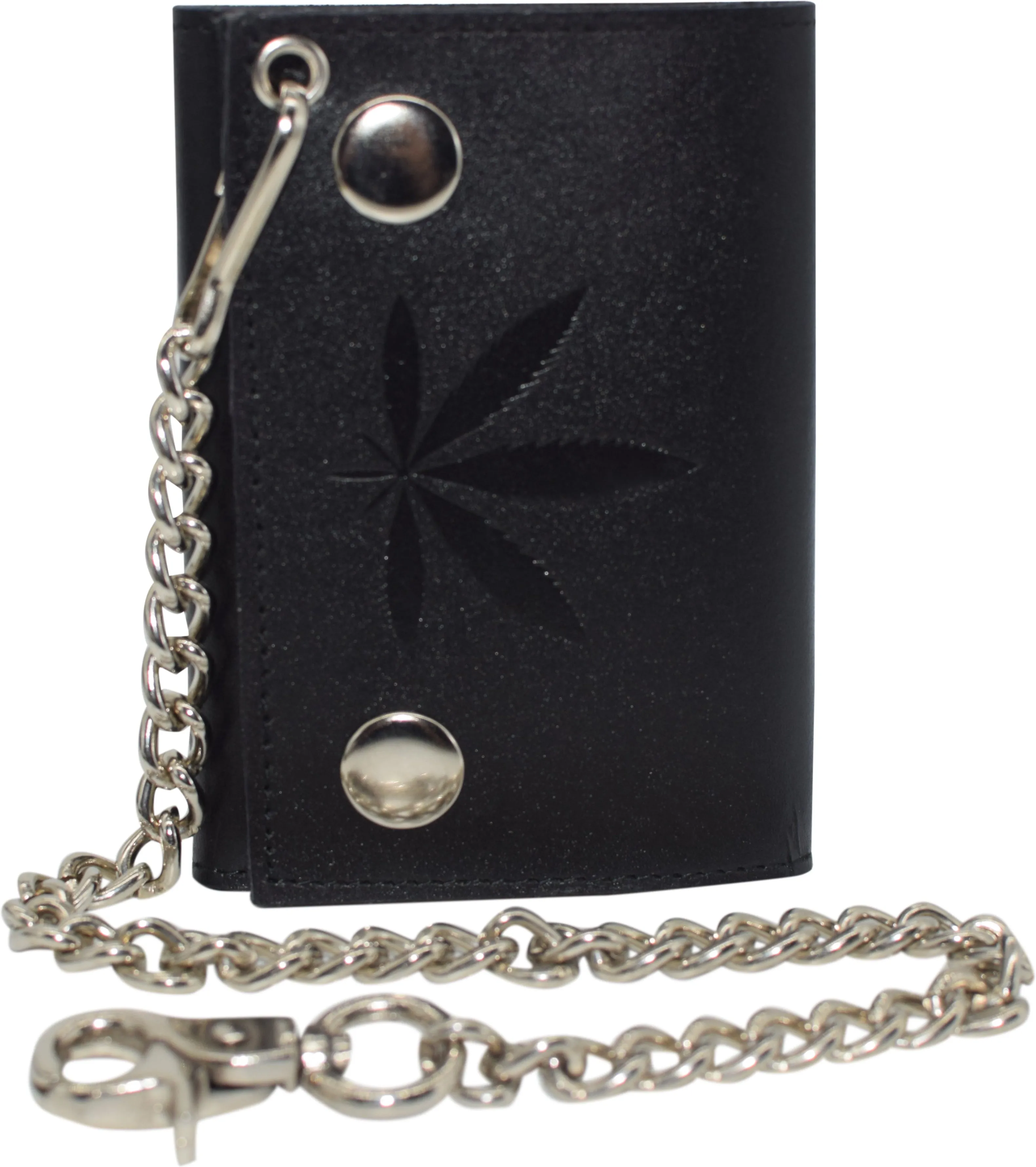 Marijuana Leaf Men's Tri-fold Biker Cowhide Leather RFID Blocking Steel Chain Wallet Snap closure