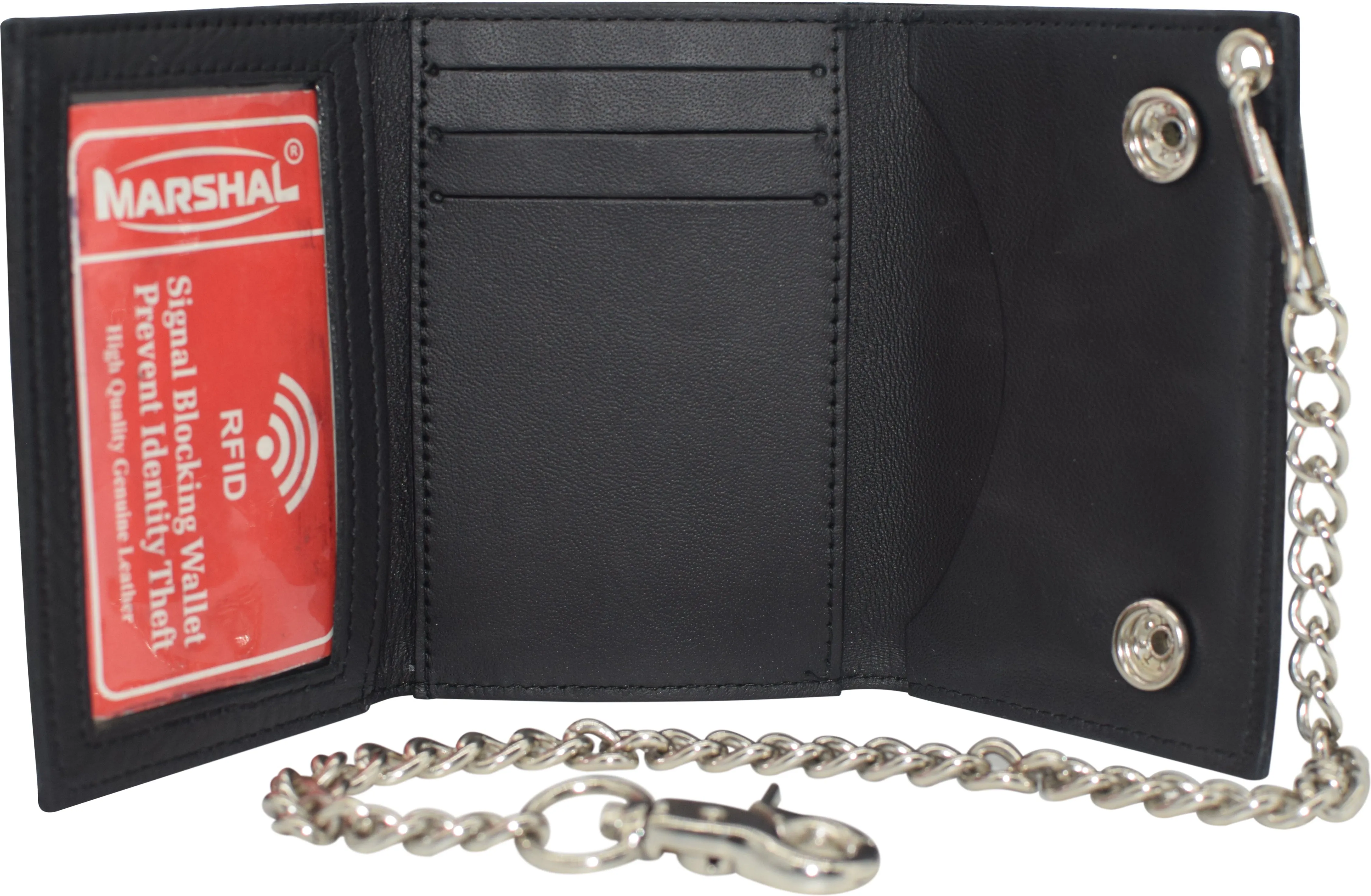 Marijuana Leaf Men's Tri-fold Biker Cowhide Leather RFID Blocking Steel Chain Wallet Snap closure