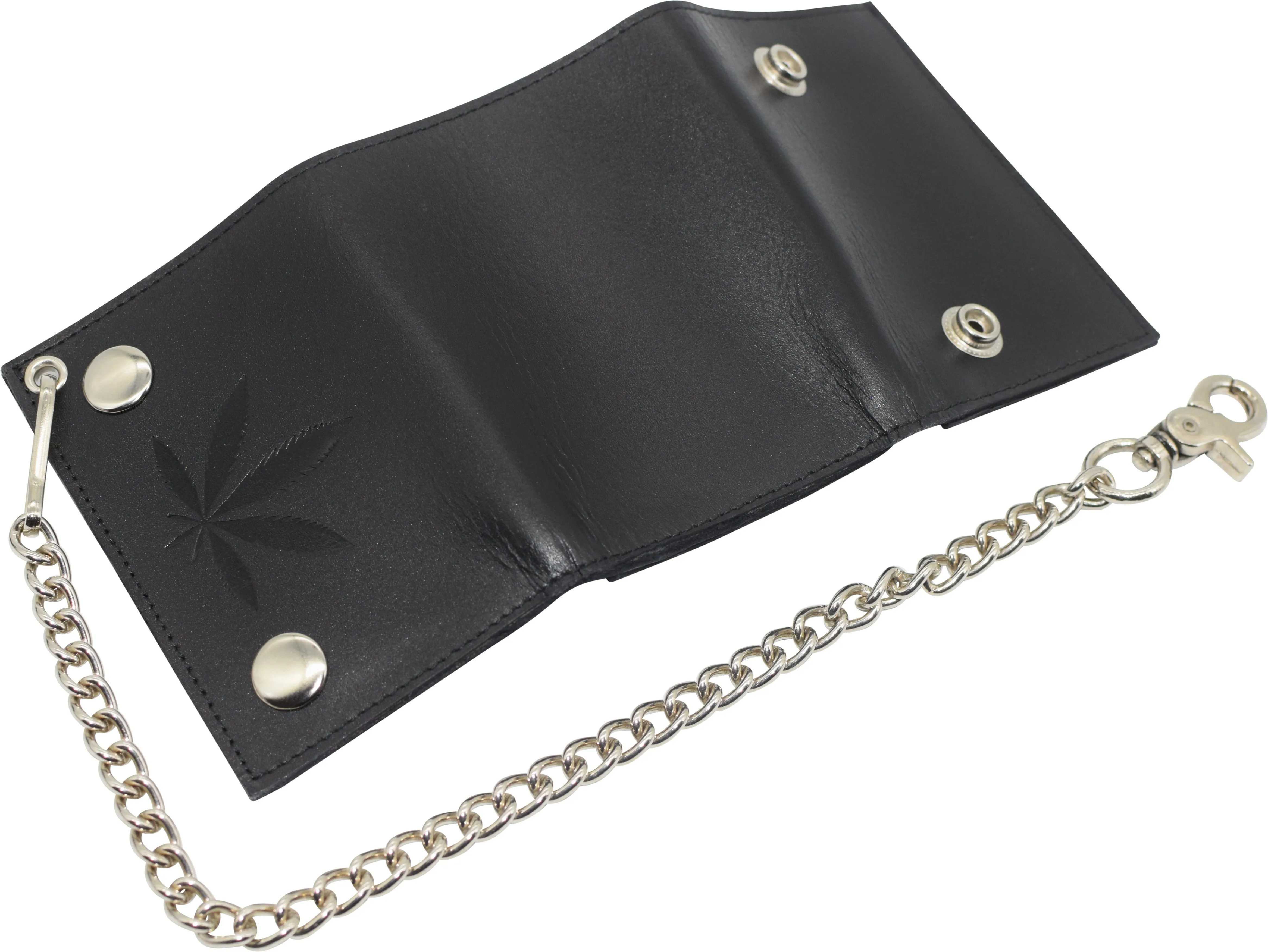 Marijuana Leaf Men's Tri-fold Biker Cowhide Leather RFID Blocking Steel Chain Wallet Snap closure
