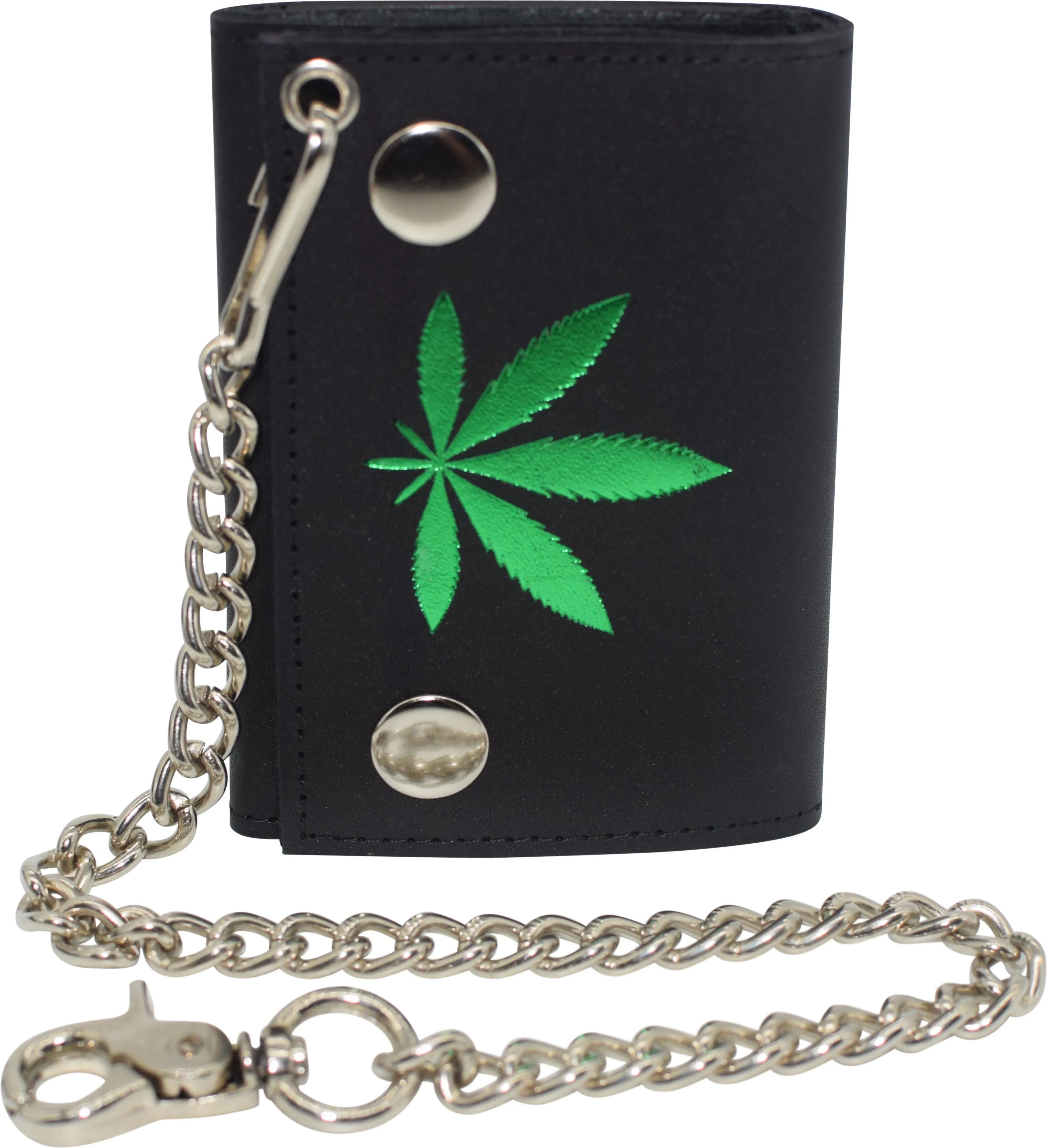 Marijuana Leaf Men's Tri-fold Biker Cowhide Leather RFID Blocking Steel Chain Wallet Snap closure