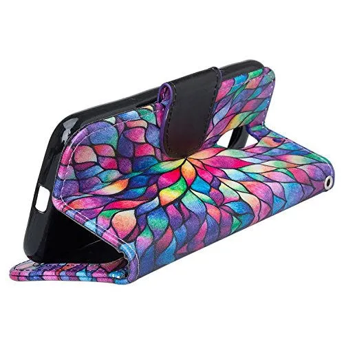 Moto G4 (4th Gen) Case | Moto G4 Plus Case, Wrist Strap Pu Leather Magnetic Fold[Kickstand] Wallet Case with ID & Card Slots for Motorola G4/G4 Plus - Rainbow Flower