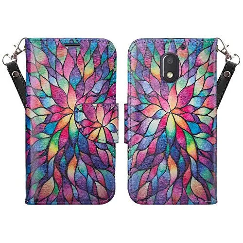 Moto G4 (4th Gen) Case | Moto G4 Plus Case, Wrist Strap Pu Leather Magnetic Fold[Kickstand] Wallet Case with ID & Card Slots for Motorola G4/G4 Plus - Rainbow Flower