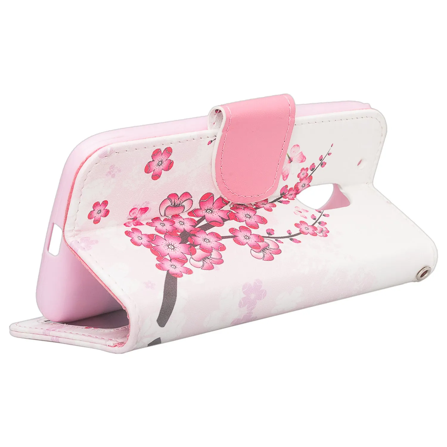 Moto G4 Play Case, Wrist Strap Pu Leather Magnetic Fold[Kickstand] Wallet Case with ID & Card Slots for Motorola G4 Play - Cherry Blossom