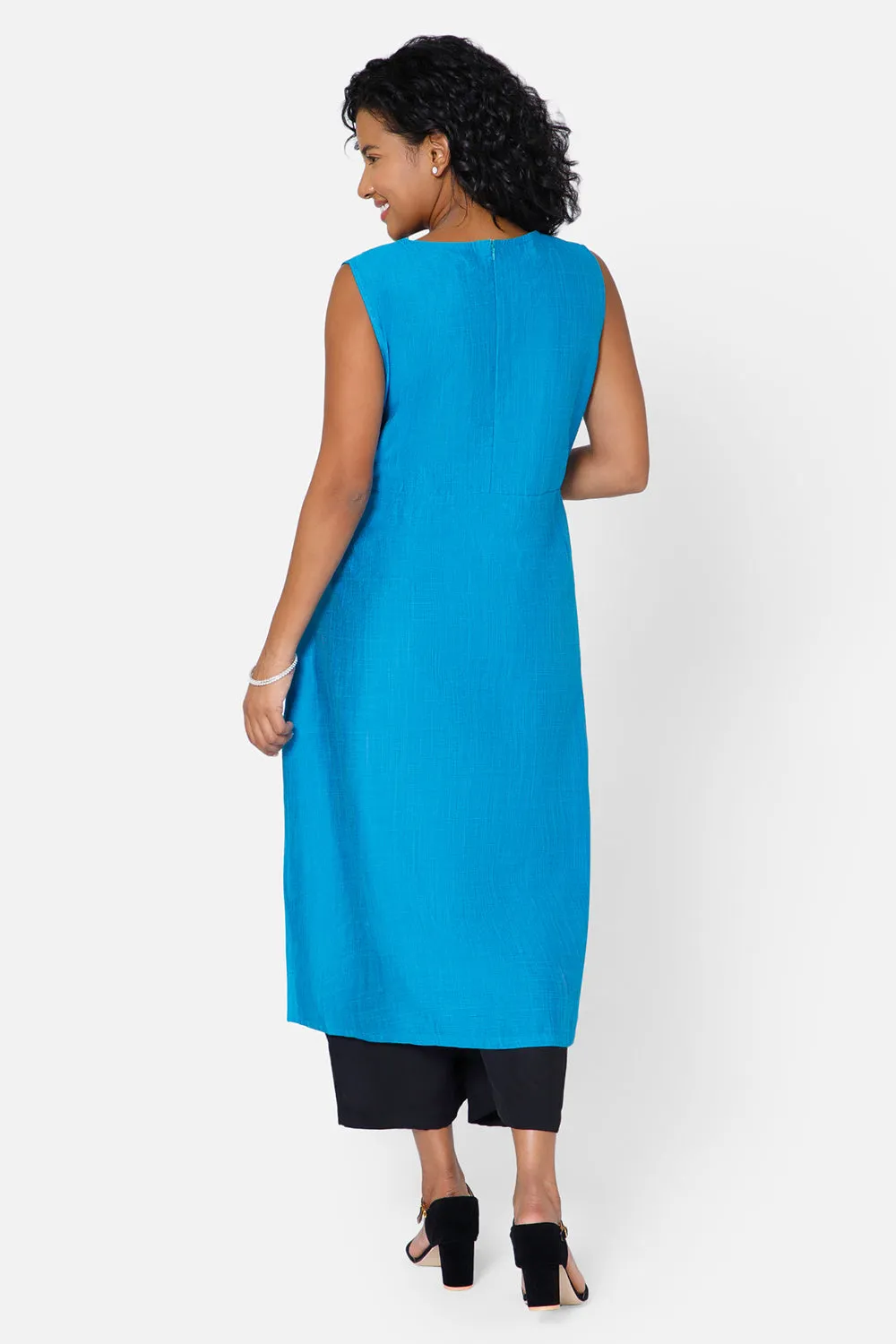 Oh Mom Sleeveless Cotton Maternity Kurthi with Round Neck and Feeding Zipper  - Blue - KU08