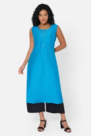 Oh Mom Sleeveless Cotton Maternity Kurthi with Round Neck and Feeding Zipper  - Blue - KU08