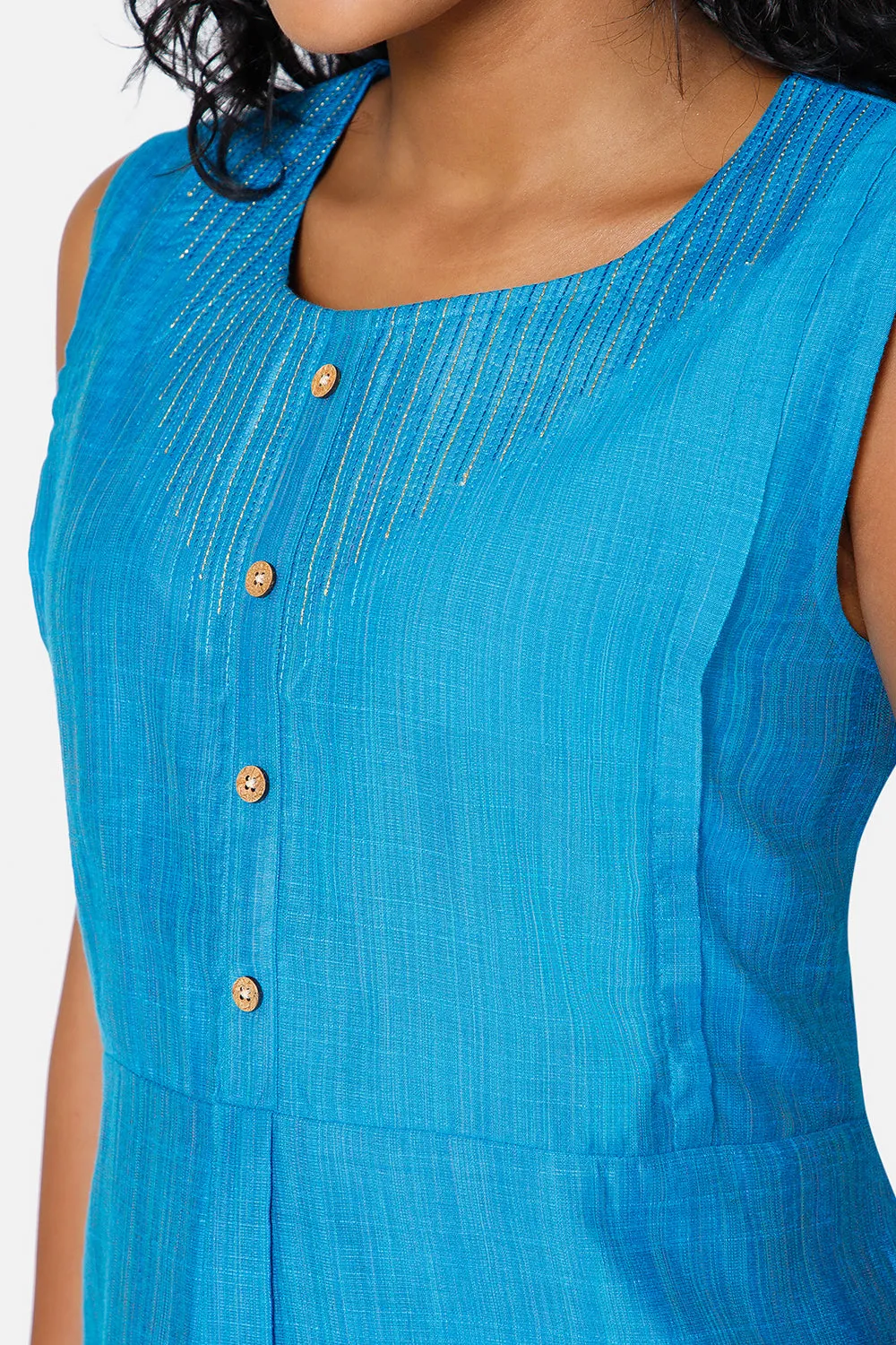 Oh Mom Sleeveless Cotton Maternity Kurthi with Round Neck and Feeding Zipper  - Blue - KU08
