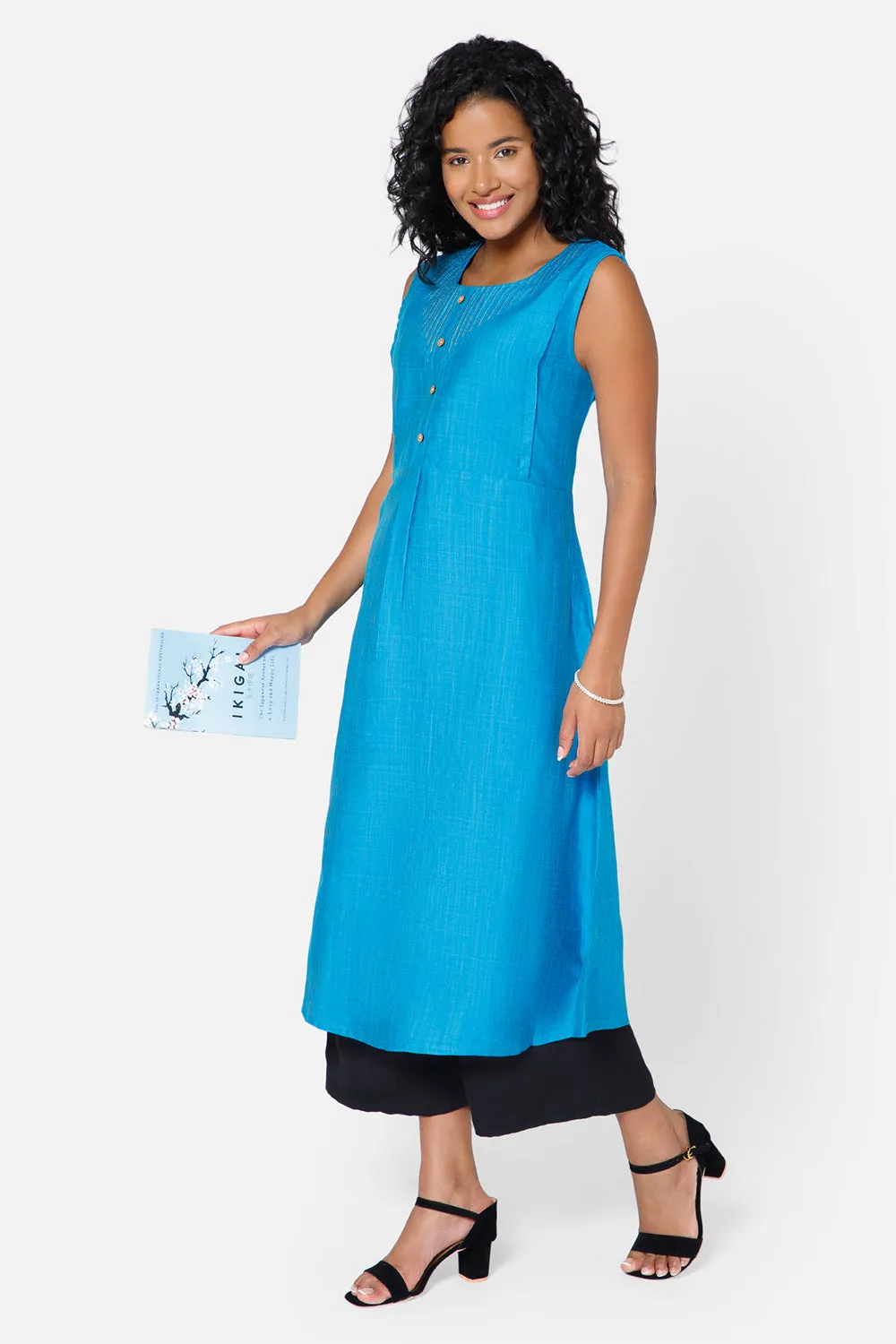 Oh Mom Sleeveless Cotton Maternity Kurthi with Round Neck and Feeding Zipper  - Blue - KU08
