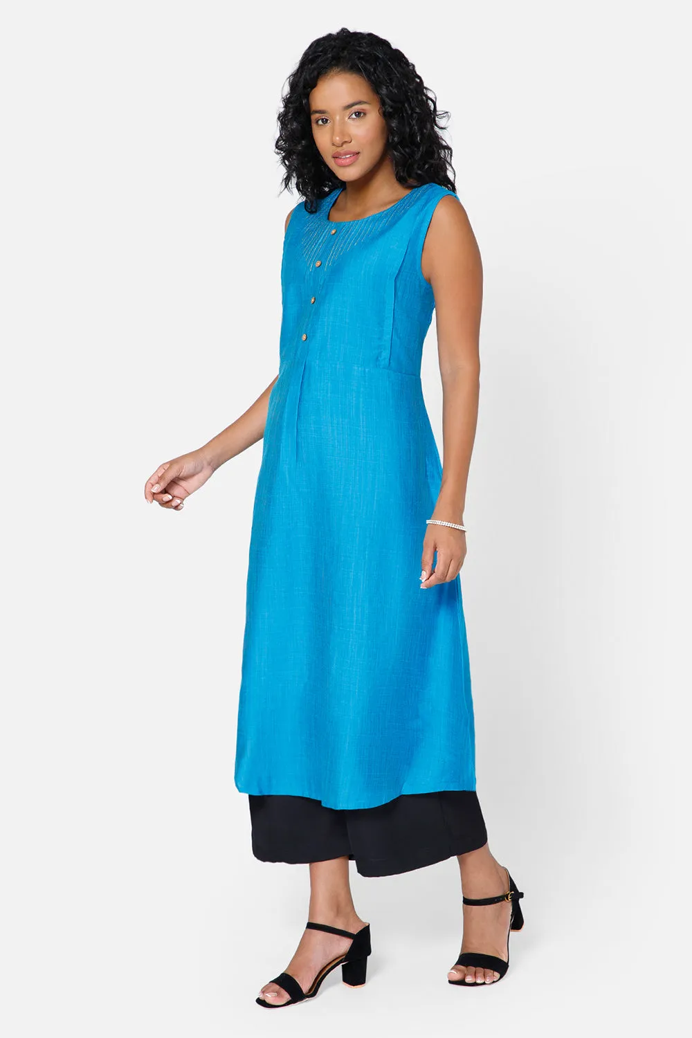 Oh Mom Sleeveless Cotton Maternity Kurthi with Round Neck and Feeding Zipper  - Blue - KU08