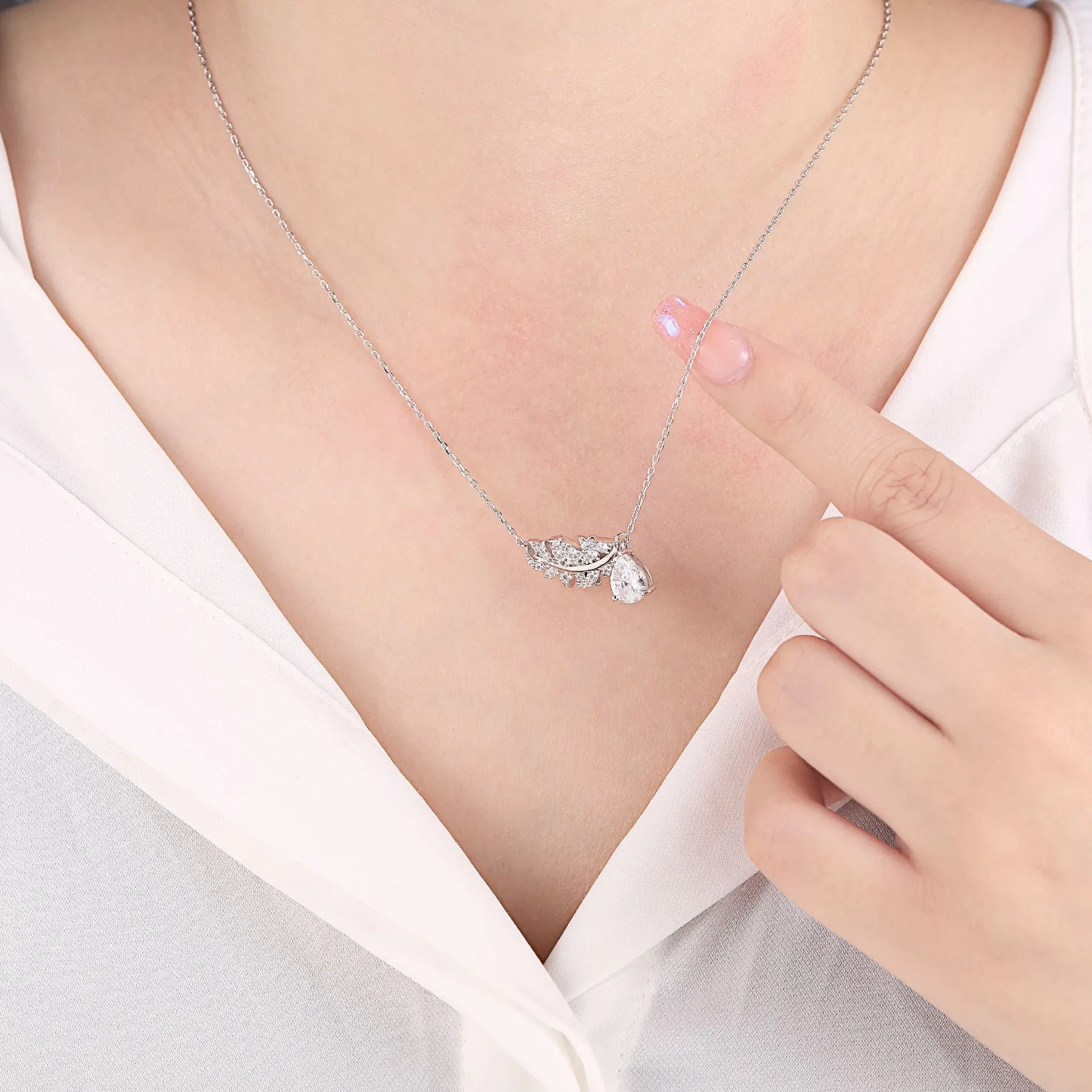 Pear Shape Zircon Feather Pendant Sterling Silver Necklace