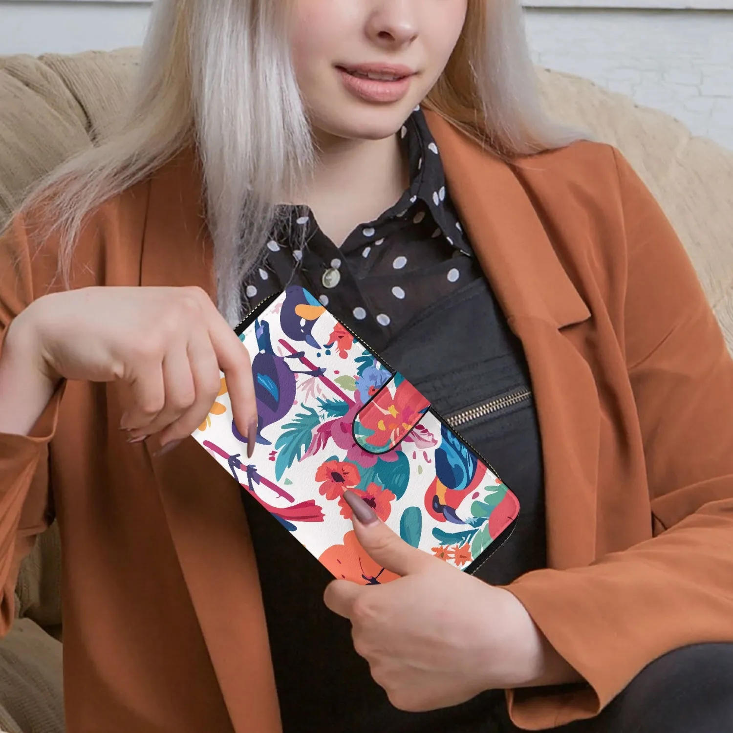 Portefeuille long à rabat "oiseaux et fleurs multicolores" (728)