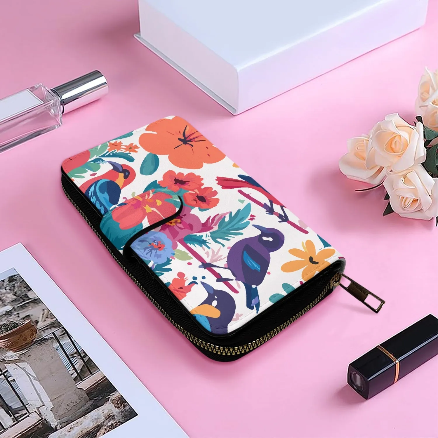 Portefeuille long à rabat "oiseaux et fleurs multicolores" (728)