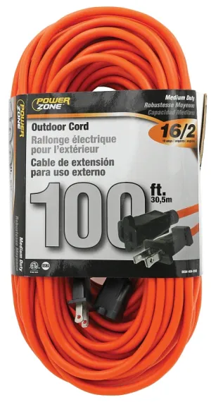 PowerZone OR481635 Outdoor Extension Cord, 16 AWG Wire, 100 ft L, Orange Sheath :EA: QUANTITY: 1