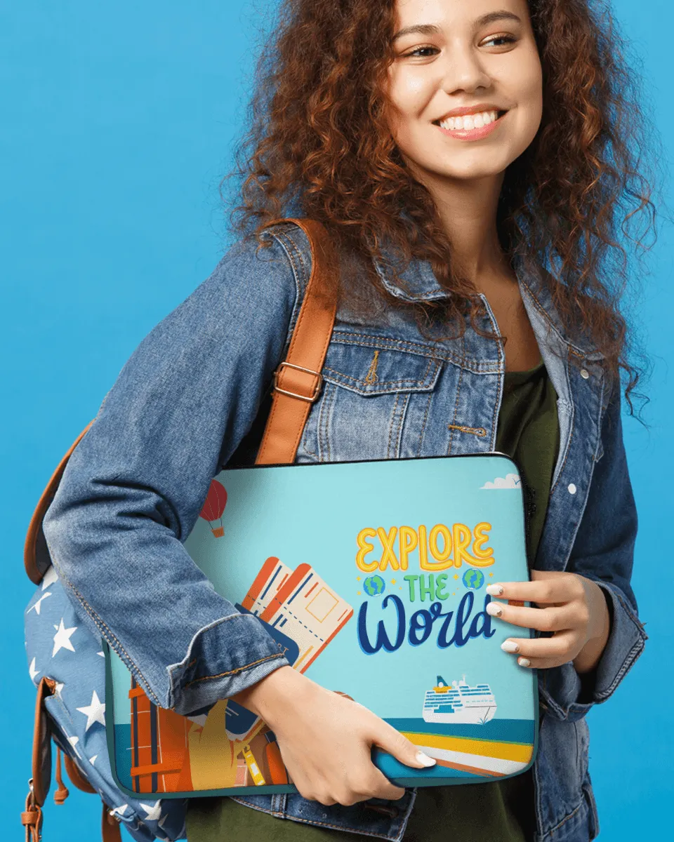 Quirky and Cool Blue Laptop Sleeves with Tagline " Explore the World "