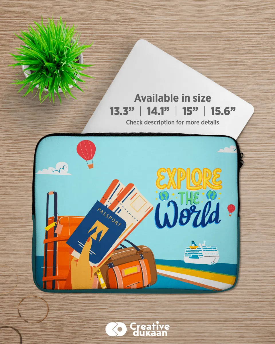 Quirky and Cool Blue Laptop Sleeves with Tagline " Explore the World "