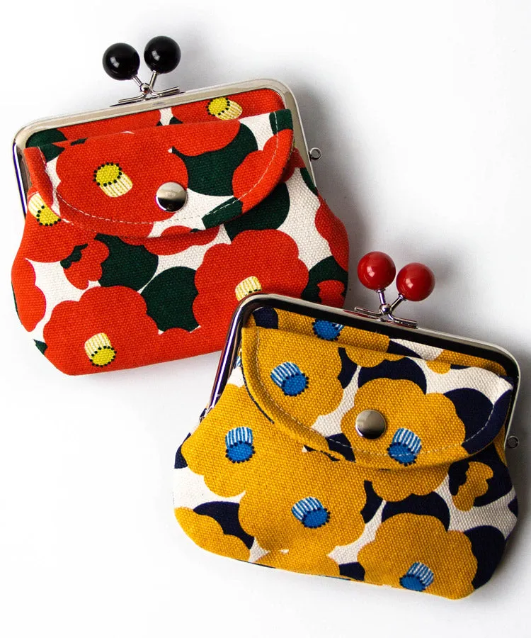 Red Camellia Double Clasp Coin Purse / Gamaguchi Japanese Coin Purse