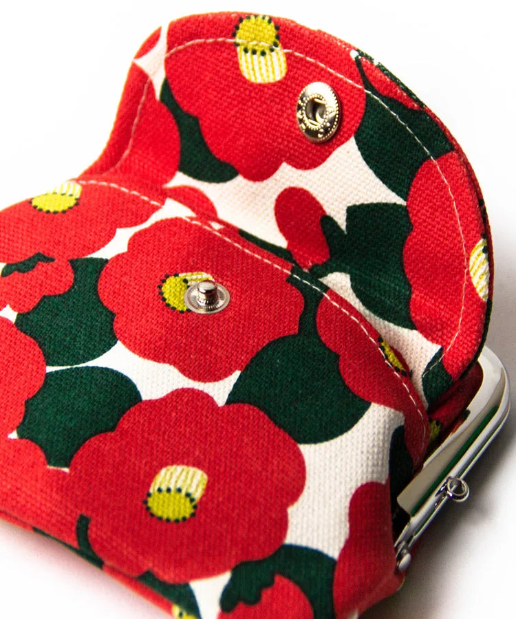 Red Camellia Double Clasp Coin Purse / Gamaguchi Japanese Coin Purse