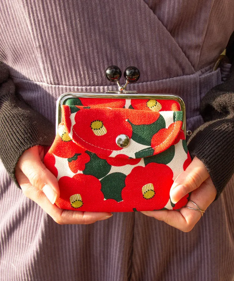 Red Camellia Double Clasp Coin Purse / Gamaguchi Japanese Coin Purse