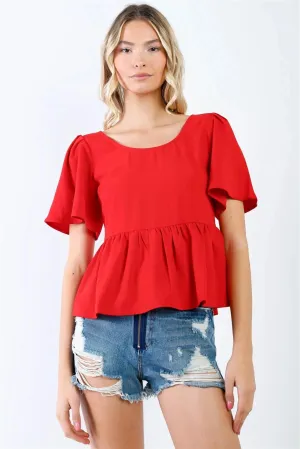 Red Flare Sleeve & Hem Back Button Up Detail Top /1-2-2-1