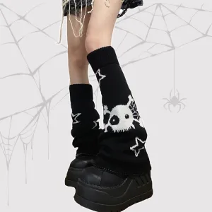 Reversible Star Skull Graphic Flared Knit Leg Warmers
