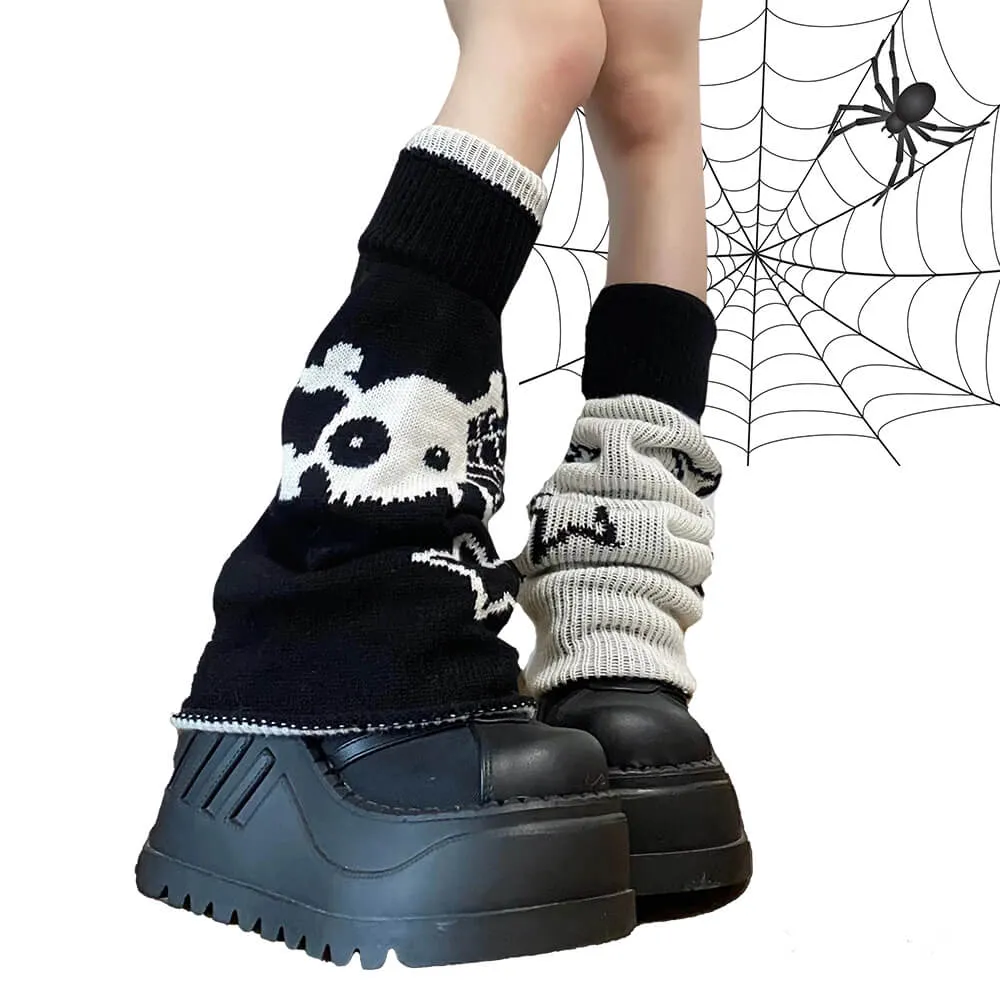 Reversible Star Skull Graphic Flared Knit Leg Warmers