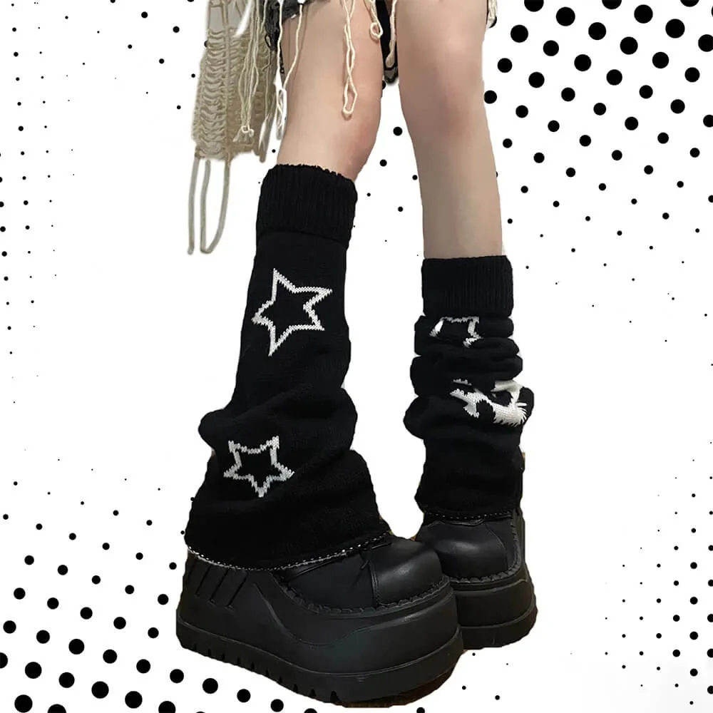 Reversible Star Skull Graphic Flared Knit Leg Warmers