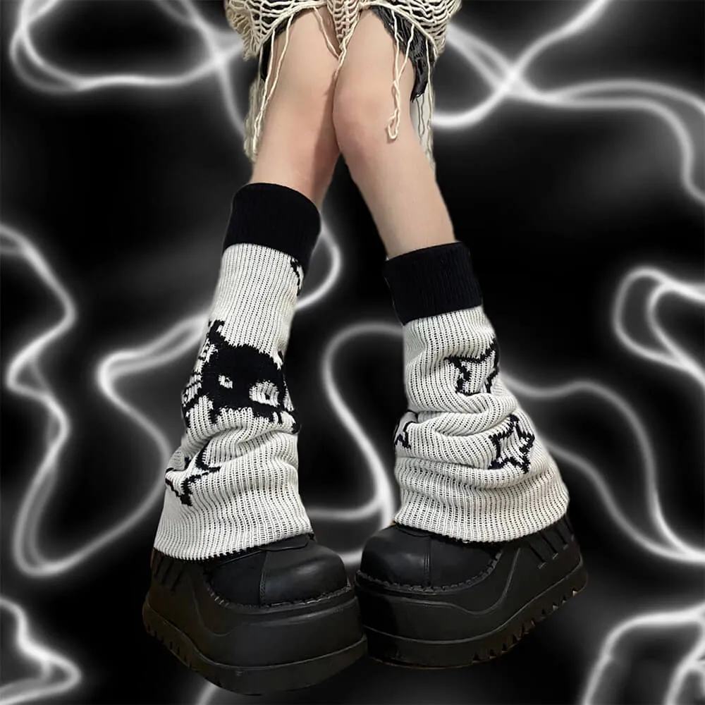 Reversible Star Skull Graphic Flared Knit Leg Warmers