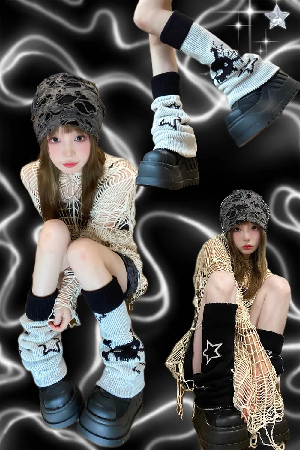 Reversible Star Skull Graphic Flared Knit Leg Warmers