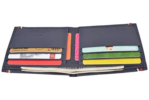 RFID Blocking Bifold Soft Genuine Leather Wallet for Men Slim Thin Design Billfold Navy Blue