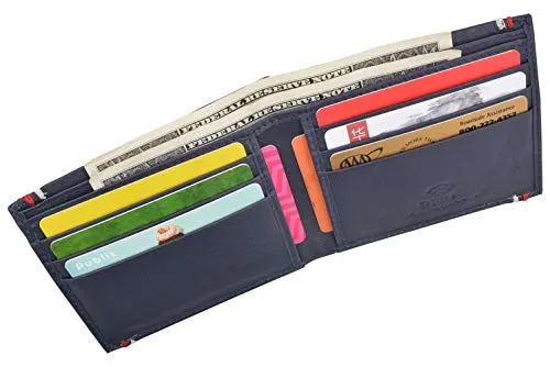 RFID Blocking Bifold Soft Genuine Leather Wallet for Men Slim Thin Design Billfold Navy Blue