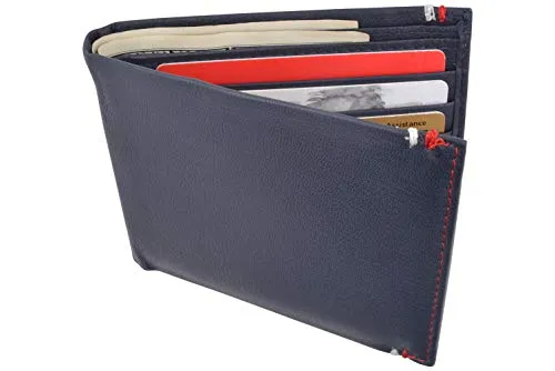 RFID Blocking Bifold Soft Genuine Leather Wallet for Men Slim Thin Design Billfold Navy Blue