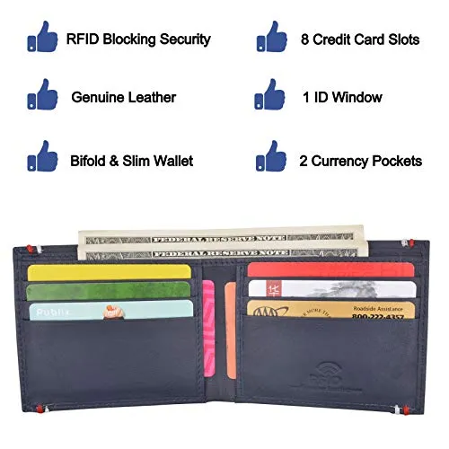 RFID Blocking Bifold Soft Genuine Leather Wallet for Men Slim Thin Design Billfold Navy Blue