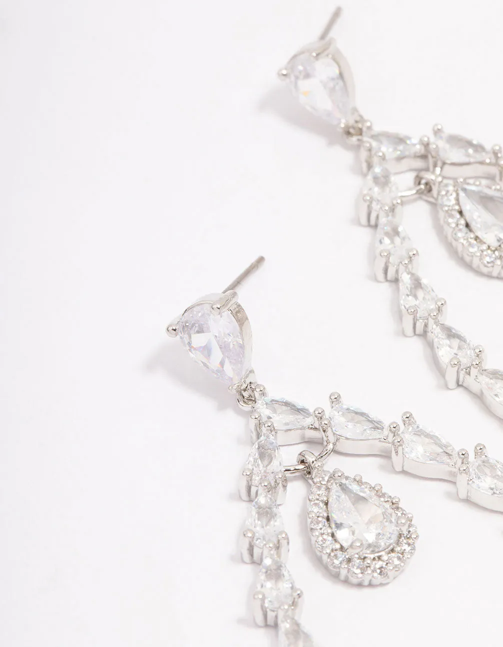 Rhodium Cubic Zirconia Pear Stone Drop Earrings