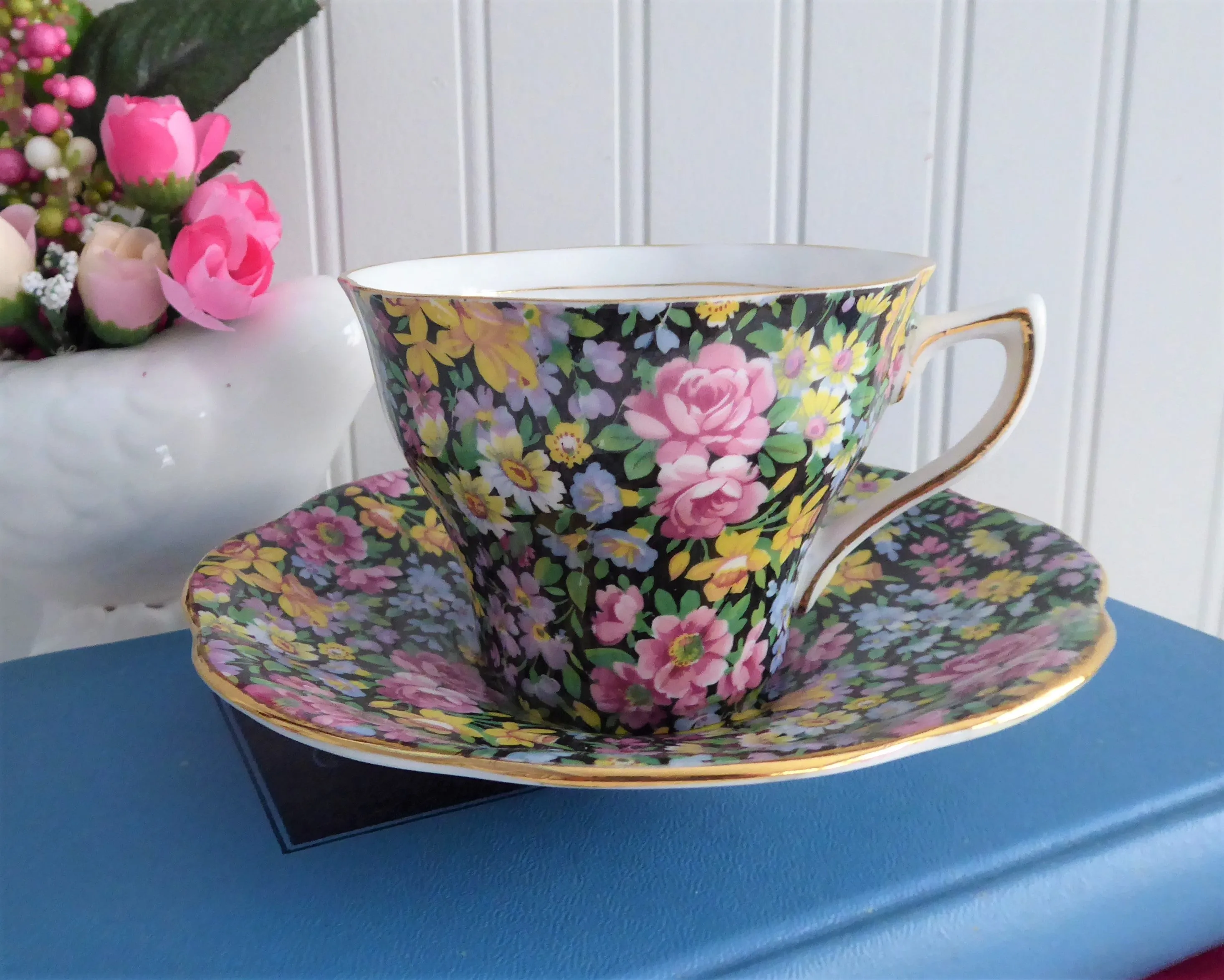 Rosina Floral Chintz Cup And Saucer 1950s Flowers On Black English Bone China