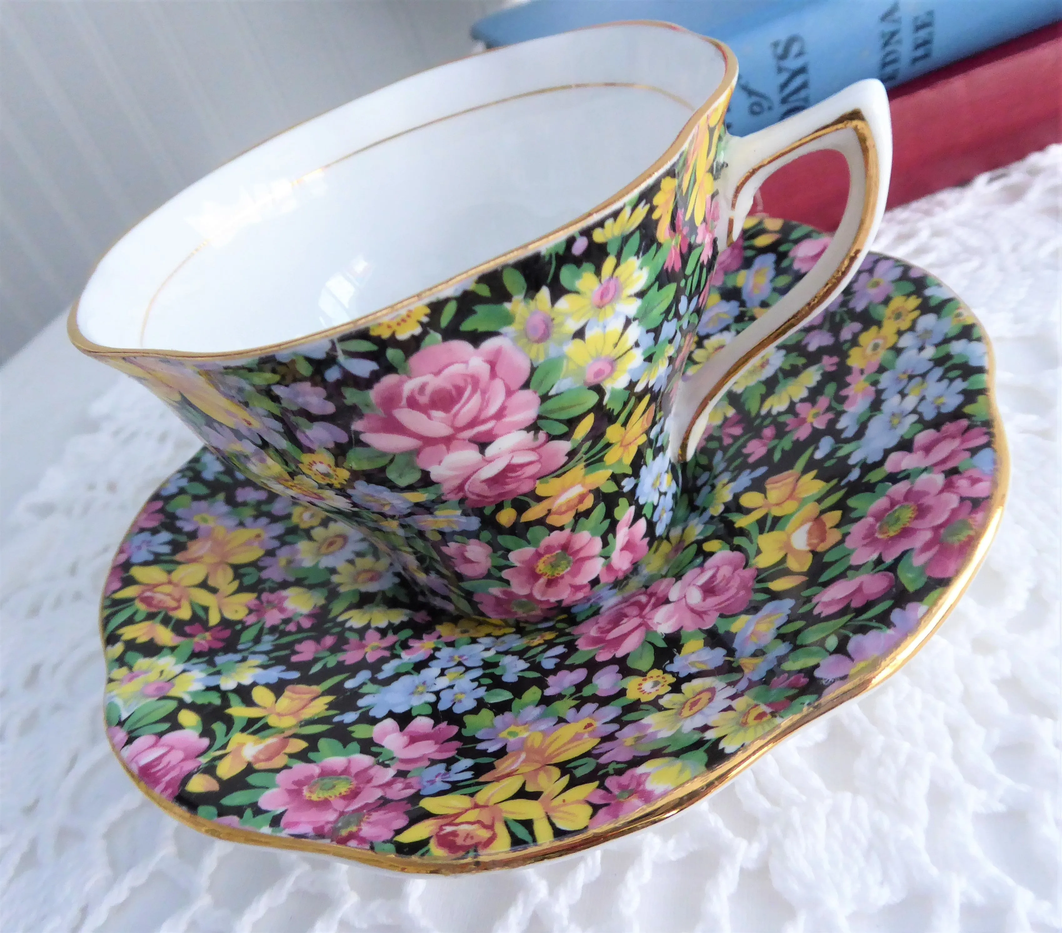 Rosina Floral Chintz Cup And Saucer 1950s Flowers On Black English Bone China